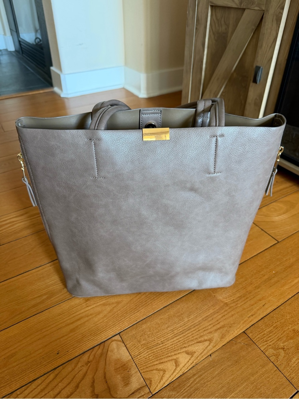 Large Taupe Faux Leather Tote Bag | Work Laptop Purse